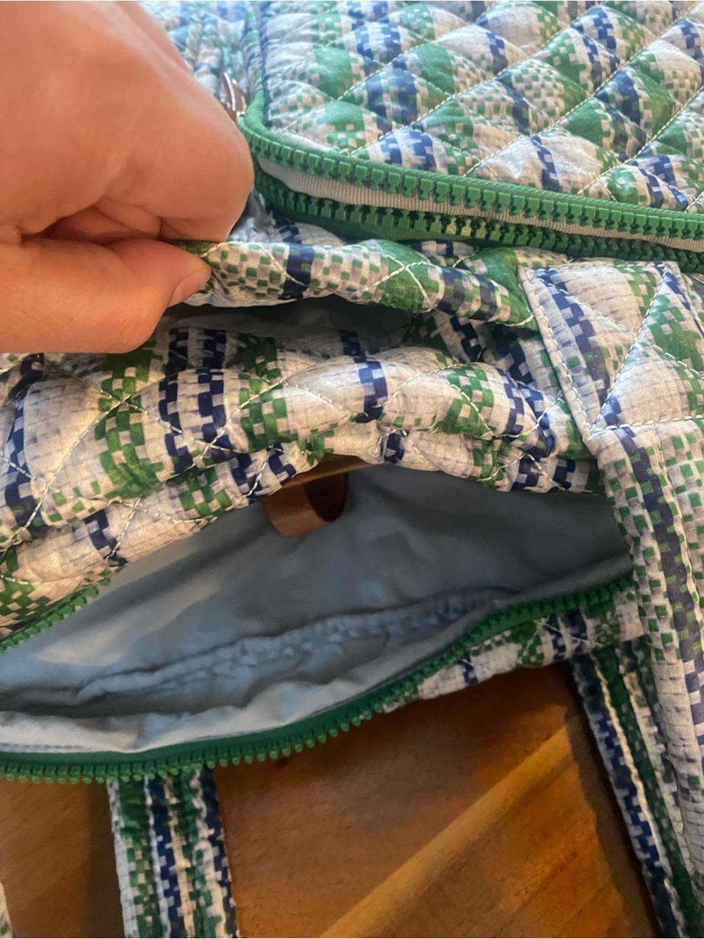 MZ Wallace Spring Plaid Gren Blue Quilted Nik Duffel Travel Bag - Picture 9 of 14